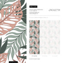 Tropical Wallpaper with Overlapping Monstera Leaves in Coral, Sage, and Dark Green - C057
