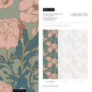 Floral Wallpaper with an Art Nouveau Peony Motif in Sage Green, Pink, and Teal - C292