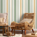 Striped Wallpaper with a Textured Chevron Motif in Green and Gold - D804