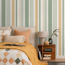 Striped Wallpaper with a Textured Chevron Motif in Green and Gold - D804