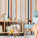 Abstract Wallpaper with Hand-Drawn Vertical Stripes in Rust, Navy, and Orange - D809