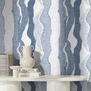 Abstract Wallpaper with Flowing Wave Stripes in Blue and White - D837