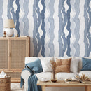 Abstract Wallpaper with Flowing Wave Stripes in Blue and White - D837