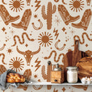 Western Wallpaper with Cowboy and Desert Motifs in Brown and Beige - D825