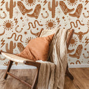 Western Wallpaper with Cowboy and Desert Motifs in Brown and Beige - D825