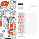 Woodland Wallpaper Featuring Hand-Drawn Foxes and Birds in Orange, Black, and Blue - B698