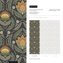 Floral Wallpaper with a Victorian Damask Motif in Green, Yellow, and Charcoal - D062