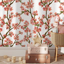 Floral Wallpaper with Cherry Blossom Branches in Red and Green - D961