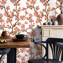 Floral Wallpaper with Cherry Blossom Branches in Red and Green - D961