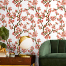 Floral Wallpaper with Cherry Blossom Branches in Red and Green - D961