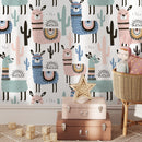 Scandinavian Wallpaper with a Whimsical Alpaca and Cactus Motif in Pink, Blue, and Teal - A740