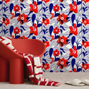 Floral Wallpaper Featuring Stylized Blooms in Red and Blue - A791