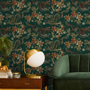 Chinoiserie Wallpaper with an Embroidered Dragon Motif in Green, Gold, and Orange - D873