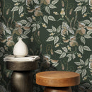 Floral Wallpaper with an Embroidered Motif in Green, Beige, and White - D869