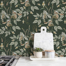Floral Wallpaper with an Embroidered Motif in Green, Beige, and White - D869