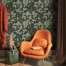 Floral Wallpaper with an Embroidered Motif in Green, Beige, and White - D869