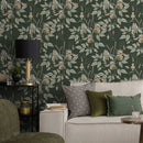 Floral Wallpaper with an Embroidered Motif in Green, Beige, and White - D869