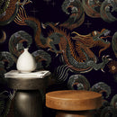 Chinoiserie Wallpaper with an Embroidered Dragon Motif in Black, Orange, and Green - D877