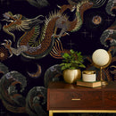 Chinoiserie Wallpaper with an Embroidered Dragon Motif in Black, Orange, and Green - D877