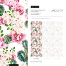 Floral Wallpaper with Blooming Roses and Cactus in Pink and Green - B020
