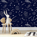 Space Wallpaper with Hand-Drawn Astronauts in Navy Blue and White - A582