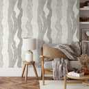 Abstract Wallpaper with Flowing Organic Waves in Greige - D798