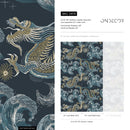 Chinoiserie Wallpaper with Mythical Dragons and Waves in Blue, Gold, and White - D876