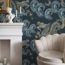 Chinoiserie Wallpaper with Mythical Dragons and Waves in Blue, Gold, and White - D876