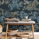 Chinoiserie Wallpaper with Mythical Dragons and Waves in Blue, Gold, and White - D876