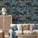 Chinoiserie Wallpaper with Mythical Dragons and Waves in Blue, Gold, and White - D876