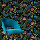 Peacock Wallpaper with an Embroidered Floral Motif in Blue, Green, and Pink - D882