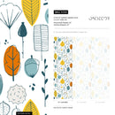 Botanical Wallpaper with a Woodland Motif in Teal, Yellow, and Orange - A398