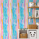 Watercolor Wallpaper with Colorful Vertical Stripes in Blue, Pink, and Orange - D954