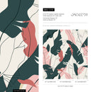 Abstract Botanical Wallpaper with Banana Leaf Line Art in Teal and Pink - C179