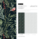 Chinoiserie Wallpaper with Birds and Berries in Green and Red on Black - C253