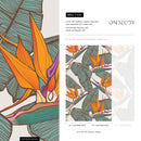 Tropical Wallpaper with Bird of Paradise Flowers in Orange, Teal, and Purple - C416