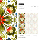 Folk Art Wallpaper with an Arabesque Floral Motif in Red, Green, and Blue - X122