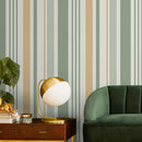 Striped Wallpaper with a Textured Chevron Motif in Green and Gold - D804