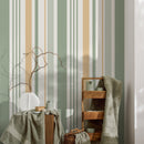 Striped Wallpaper with a Textured Chevron Motif in Green and Gold - D804