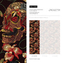 Skull Wallpaper with an Embroidered Floral Motif in Black, Red, and Yellow - D896
