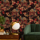 Skull Wallpaper with an Embroidered Floral Motif in Black, Red, and Yellow - D896
