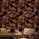 Skull Wallpaper with an Embroidered Floral Motif in Black, Red, and Yellow - D896
