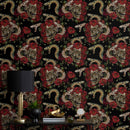 Gothic Wallpaper with an Embroidered Skull and Snake Motif in Black, Red, and Brown - D899