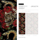 Gothic Wallpaper with an Embroidered Skull and Snake Motif in Black, Red, and Brown - D899