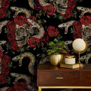 Gothic Wallpaper with an Embroidered Skull and Snake Motif in Black, Red, and Brown - D899