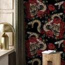 Gothic Wallpaper with an Embroidered Skull and Snake Motif in Black, Red, and Brown - D899