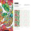 Tropical Wallpaper with Pineapples and Hibiscus in Red, Green, and Yellow - A137