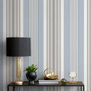 Geometric Wallpaper with Herringbone Textured Stripes in Blue and Beige - D850