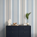 Geometric Wallpaper with Herringbone Textured Stripes in Blue and Beige - D850