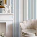 Geometric Wallpaper with Herringbone Textured Stripes in Blue and Beige - D850